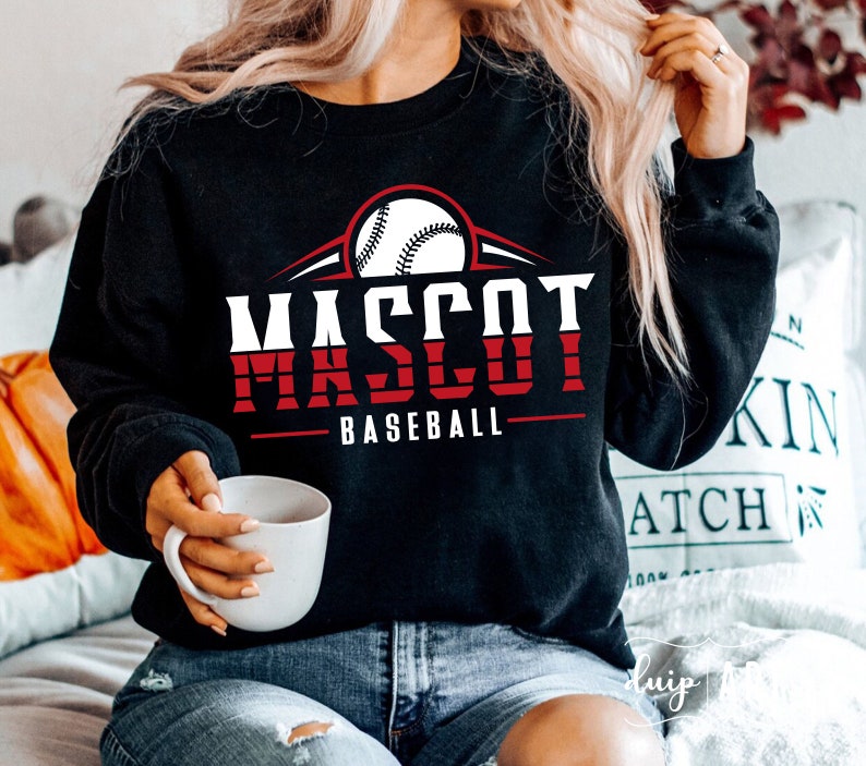 May include: Black sweatshirt with a red and white baseball graphic and the text "MASCOT BASEBALL".