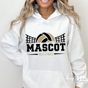 May include: White hooded sweatshirt with a black and gold volleyball graphic and the text "MASCOT VOLLEYBALL".