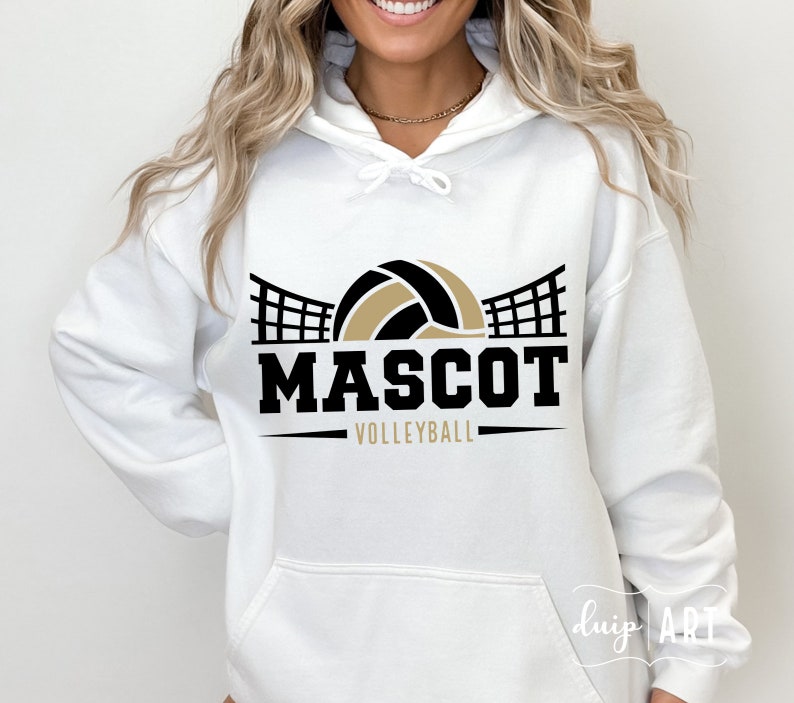 May include: White hooded sweatshirt with a black and gold volleyball graphic and the text "MASCOT VOLLEYBALL".