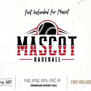 May include: A red and black baseball mascot logo with the word "MASCOT" in a bold font and the word "BASEBALL" below it. The logo includes a baseball with white stitching.