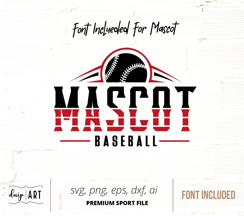 May include: A red and black baseball mascot logo with the word "MASCOT" in a bold font and the word "BASEBALL" below it. The logo includes a baseball with white stitching.