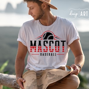 May include: White t-shirt with a baseball graphic and the text "Mascot Baseball".