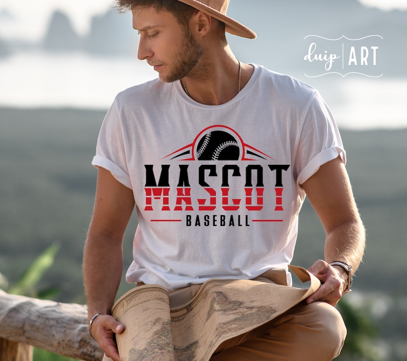 May include: White t-shirt with a baseball graphic and the text "Mascot Baseball".