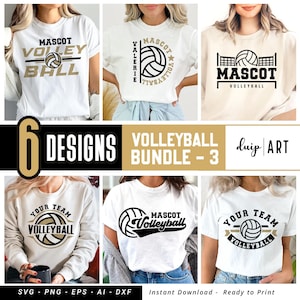May include: Six designs for volleyball t-shirts. The designs feature a volleyball, the word "Mascot", and the words "Your Team".