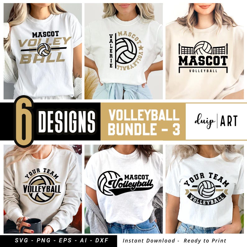 May include: Six designs for volleyball t-shirts. The designs feature a volleyball, the word "Mascot", and the words "Your Team".