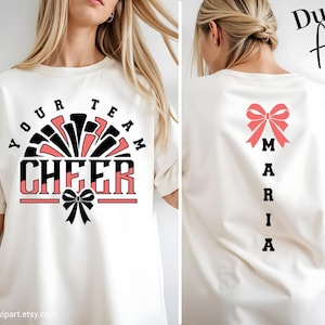 Cheer Team SVG PNG Bundle, Front Back Cheerleading Shirt Design, Bow Name Editable SVG for Cricut, Pom Poms Megaphone Cheer Mom File
