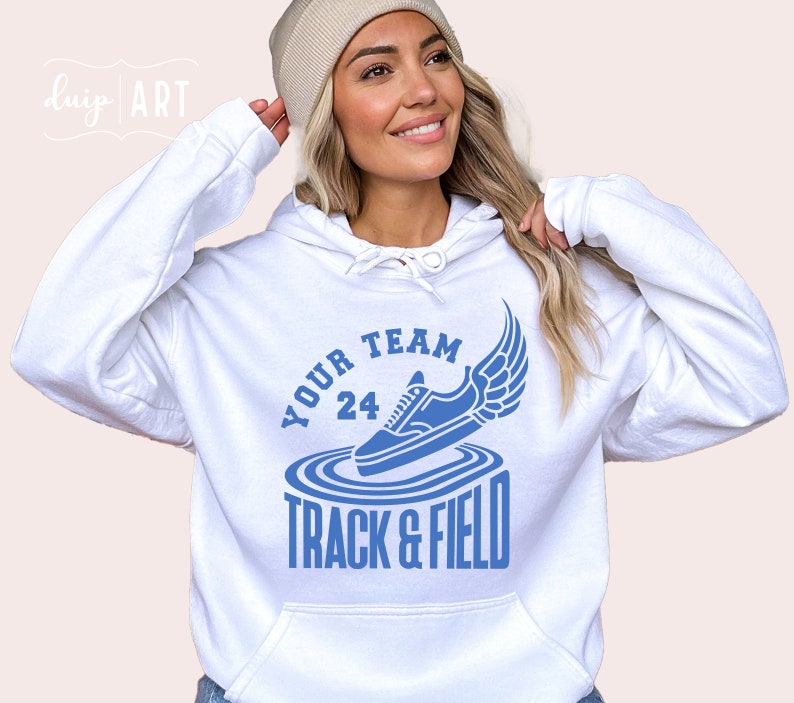 May include: White hoodie with a blue graphic of a running shoe with wings and the text "Your Team 24 Track & Field".
