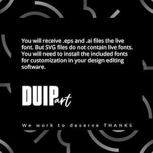 Pu&ograve; includere: Grafica in bianco e nero con il testo "DUIPart" e le parole "We work to deserve THANKS". Il design presenta un motivo ripetitivo di linee curve.