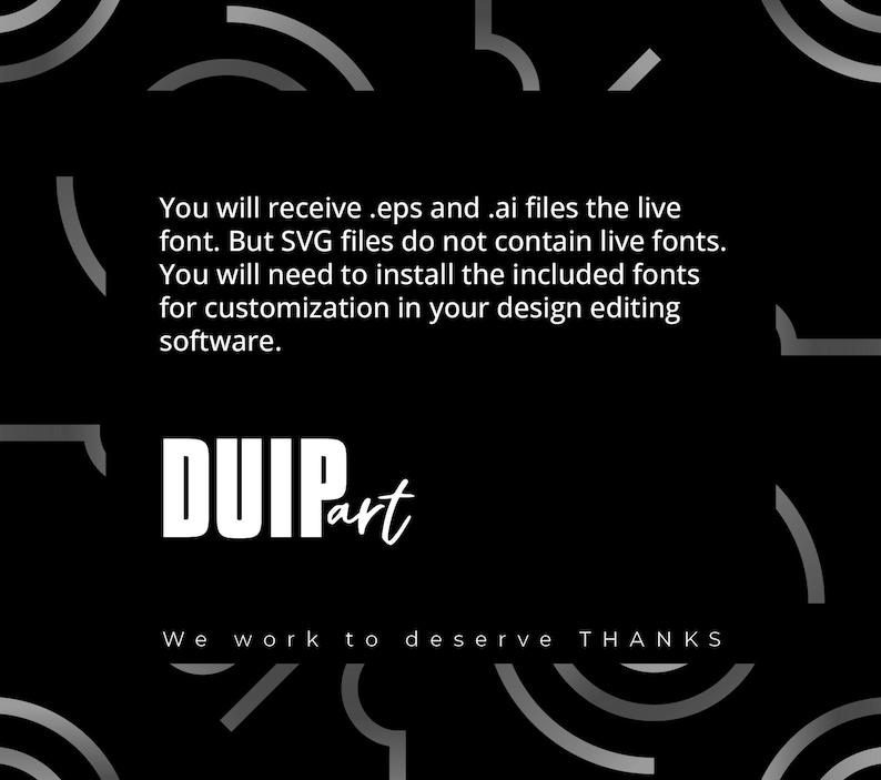 Pu&ograve; includere: Grafica in bianco e nero con il testo "DUIPart" e le parole "We work to deserve THANKS". Il design presenta un motivo ripetitivo di linee curve.