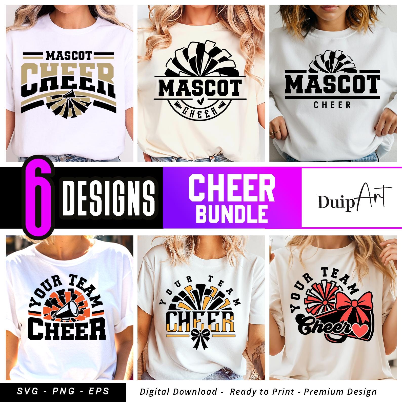 Cheer SVG EPS PNG Bundle Template – 6 Editable Cheerleading Team Shirt Designs, Cheerleader Svg Png, Custom Mascot Cheer Shirt Templates