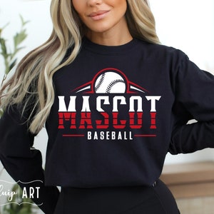 May include: Black sweatshirt with red and white text that says "Mascot Baseball" and a white baseball graphic.