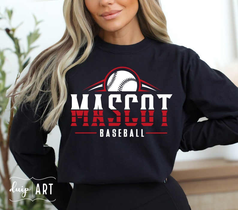 May include: Black sweatshirt with red and white text that says "Mascot Baseball" and a white baseball graphic.
