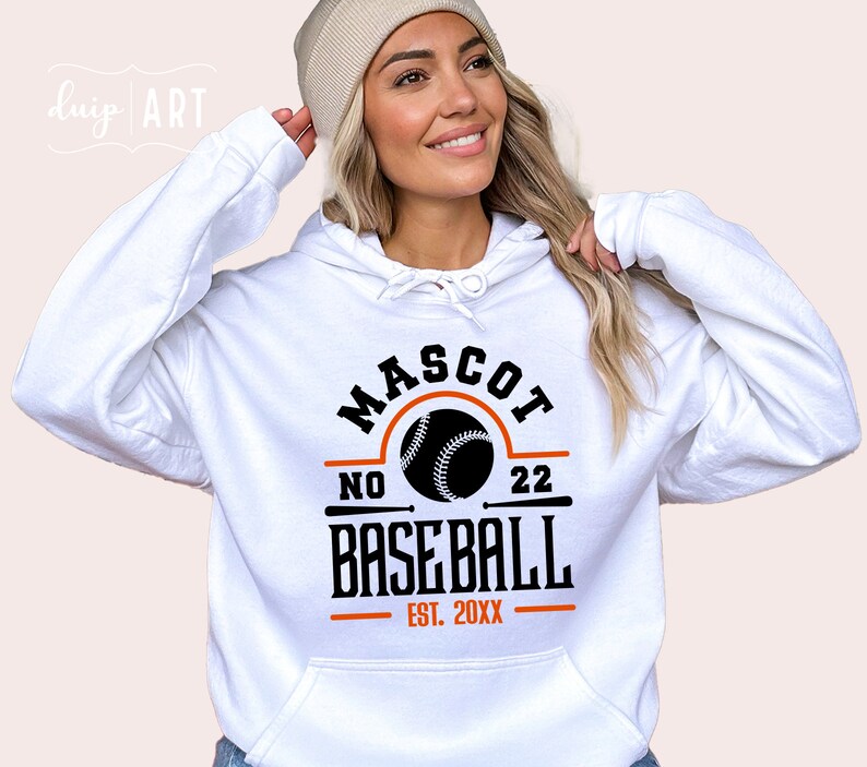 May include: White hooded sweatshirt with the text "MASCOT NO 22 BASEBALL EST. 20XX" and a baseball graphic.