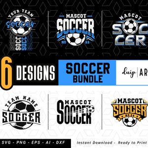Pu&ograve; includere: Sei diversi design di logo di calcio in nero, bianco e blu. I loghi presentano palloni da calcio, la parola "calcio" e nomi di squadra. I loghi sono pronti per la stampa.