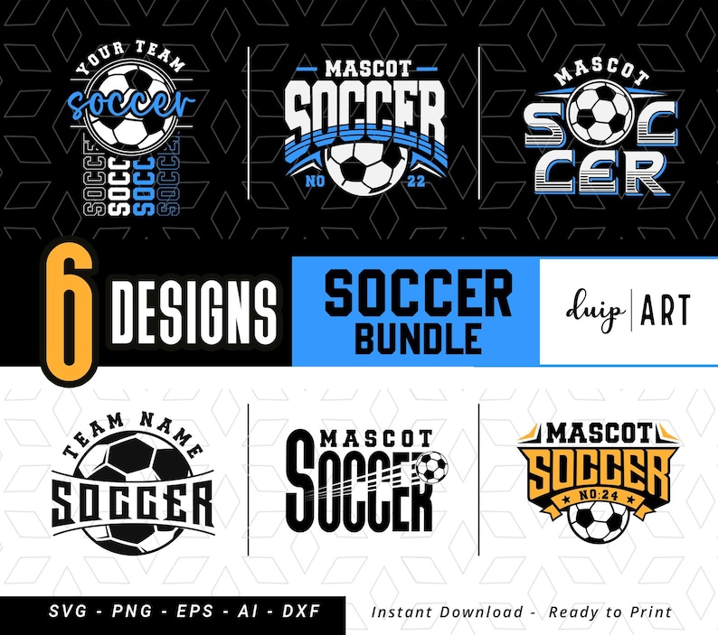 Pu&ograve; includere: Sei diversi design di logo di calcio in nero, bianco e blu. I loghi presentano palloni da calcio, la parola "calcio" e nomi di squadra. I loghi sono pronti per la stampa.