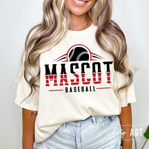 May include: A white t-shirt with a red and black baseball graphic. The graphic says "MASCOT BASEBALL".
