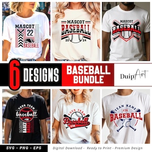 Pode incluir: Uma coleção de seis designs de camisetas com tema de beisebol. As camisas apresentam vários gráficos, incluindo bolas de beisebol, bastões e a palavra "Baseball" em diferentes fontes. O esquema de cores inclui vermelho, preto e branco. A imagem também inclui o texto "6 Designs" e "Baseball Bundle."