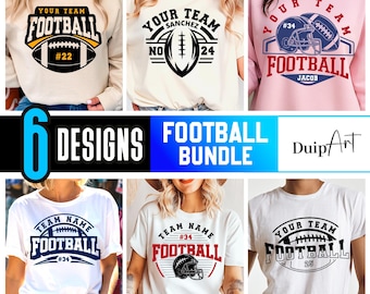 Könnte beinhalten: Sechs Designs zum Thema Football auf T-Shirts und einem Sweatshirt. Die Designs zeigen Fußbälle, Helme und Texte wie "Your Team Football" und "Team Name Football". Das Bild enthält auch den Text "6 Designs Football Bundle" und "SVG - PNG - EPS".