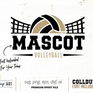 May include: Black and gold volleyball mascot logo with a volleyball and net. The text "MASCOT VOLLEYBALL" is in a bold black font. The text "Font Included For Your Team" is handwritten in black. The text "duip ART" is in a black and white font. The text "svg, png, eps, dxf, ai PREMIUM SPORT FILE" is in black. The text "COLLDUI FONT INCLUDED" is in black.