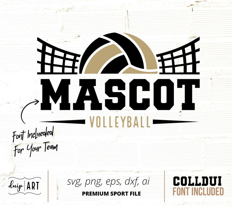 May include: Black and gold volleyball mascot logo with a volleyball and net. The text "MASCOT VOLLEYBALL" is in a bold black font. The text "Font Included For Your Team" is handwritten in black. The text "duip ART" is in a black and white font. The text "svg, png, eps, dxf, ai PREMIUM SPORT FILE" is in black. The text "COLLDUI FONT INCLUDED" is in black.