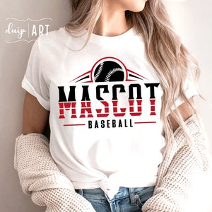 May include: White t-shirt with a black and red graphic design that says "MASCOT BASEBALL" with a baseball graphic above the text.