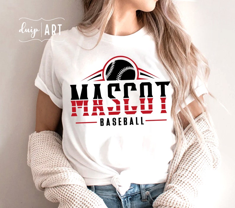 May include: White t-shirt with a black and red graphic design that says "MASCOT BASEBALL" with a baseball graphic above the text.