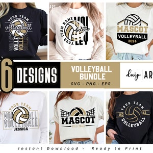 Pode incluir: Um conjunto de seis designs temáticos de voleibol para camisetas. Os designs apresentam uma bola de voleibol, as palavras "voleibol", "equipe", "mascote" e "seu nome". Os designs são em preto, branco e dourado.