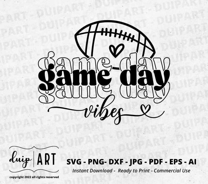 May include: Black and white graphic design featuring a football and the text "game day vibes" with hearts.