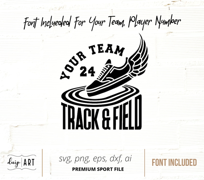 May include: Black and white graphic design of a running shoe with wings, a track and field track, and the text "YOUR TEAM 24 TRACK & FIELD".