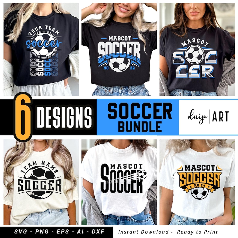 Pu&ograve; includere: Sei design per magliette da calcio. I design presentano un pallone da calcio, la parola "soccer" e vari altri elementi di testo. I design sono in nero, bianco e blu.