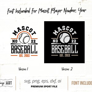 May include: Two versions of a baseball logo design. The logo features a baseball with stitching, the words "MASCOT BASEBALL", and the text "NO 22 EST. 20XX".