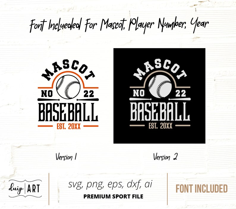 May include: Two versions of a baseball logo design. The logo features a baseball with stitching, the words "MASCOT BASEBALL", and the text "NO 22 EST. 20XX".
