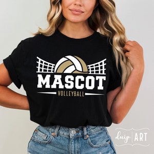 May include: Black t-shirt with a gold volleyball and net graphic. The text "MASCOT VOLLEYBALL" is printed below the graphic.