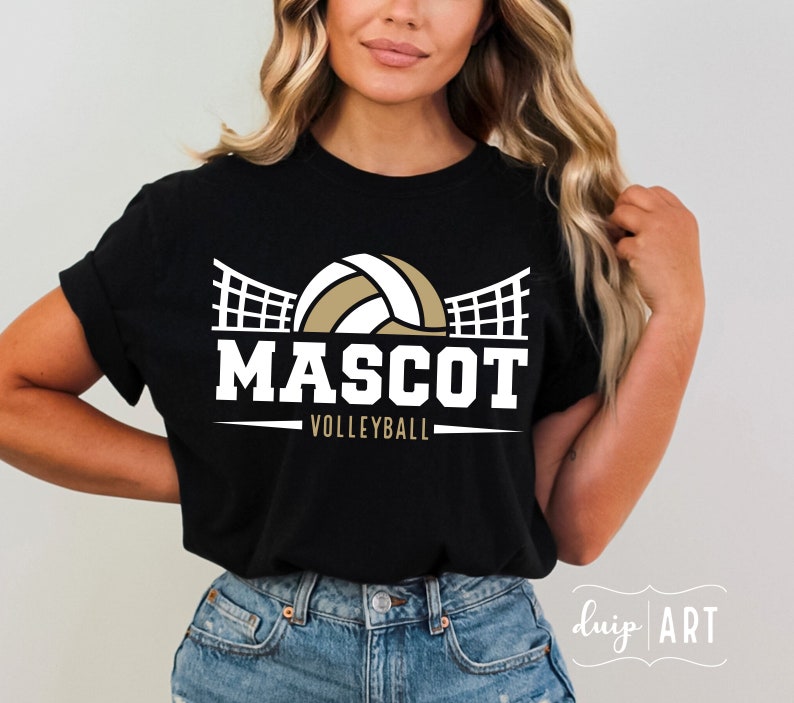 May include: Black t-shirt with a gold volleyball and net graphic. The text "MASCOT VOLLEYBALL" is printed below the graphic.