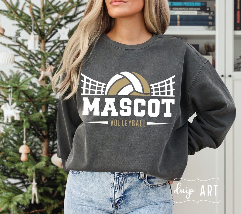 May include: A charcoal gray sweatshirt with a volleyball graphic and the text "MASCOT VOLLEYBALL".