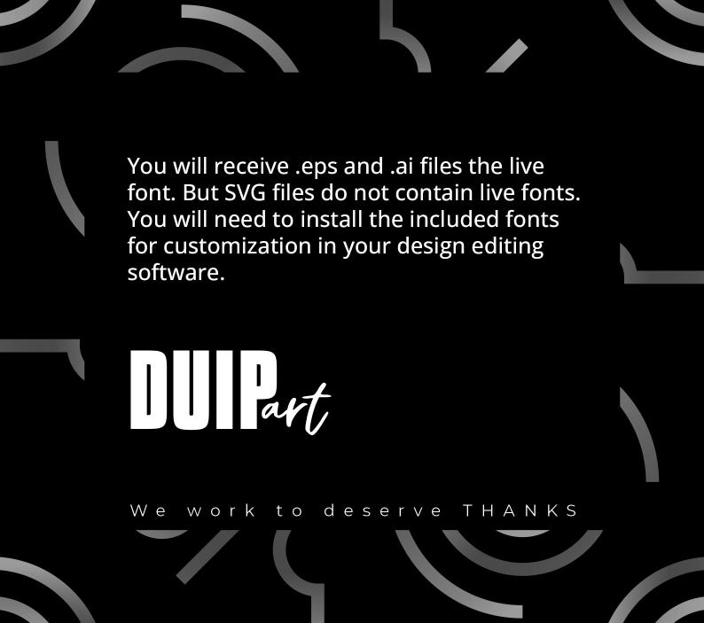 May include: Black and white graphic design with the text "DUIPart" and the words "We work to deserve THANKS". The design features a repeating pattern of curved lines.