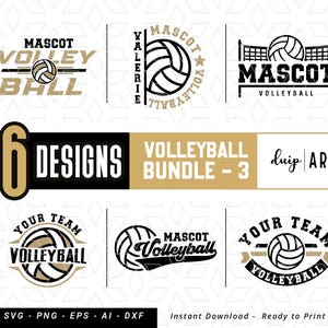 May include: Six black and white volleyball designs with the text "Mascot Volleyball" and "Your Team Volleyball". The designs are in a bundle and are ready to print.