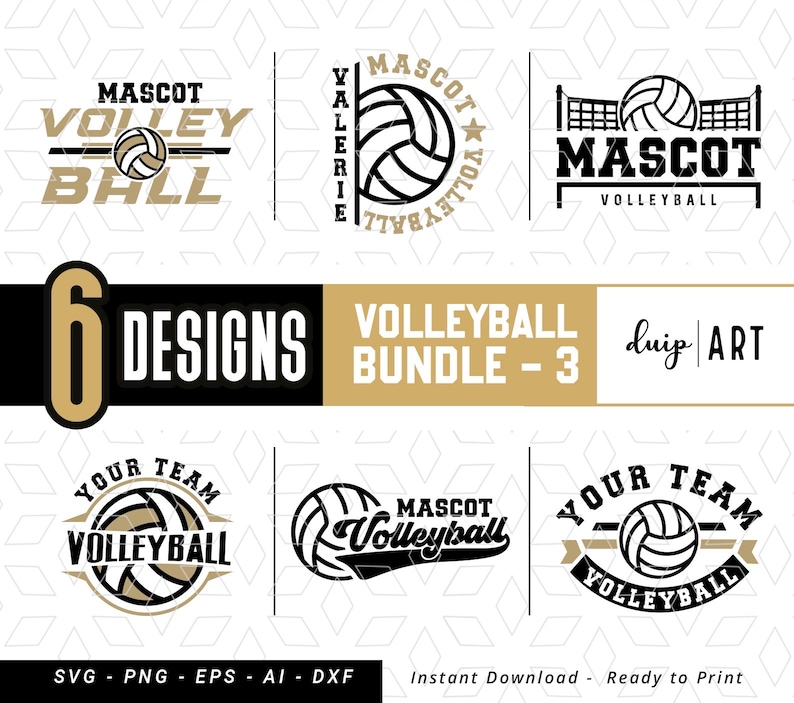 May include: Six black and white volleyball designs with the text "Mascot Volleyball" and "Your Team Volleyball". The designs are in a bundle and are ready to print.