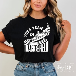 May include: Black t-shirt with a white graphic of a running shoe with wings and the text "Your Team 24 Track & Field".