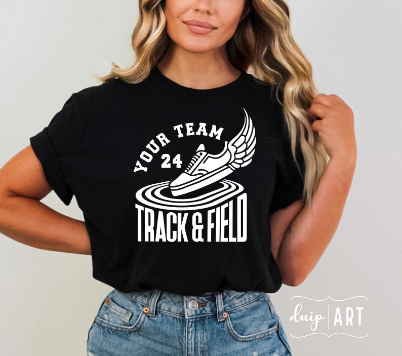 May include: Black t-shirt with a white graphic of a running shoe with wings and the text "Your Team 24 Track & Field".
