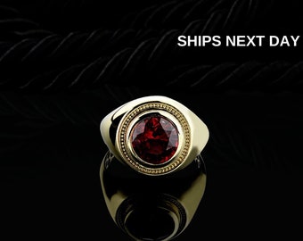 Antique Ruby Gold Signet Ring with Shiny Gemstone, 10K 14K Gold Vintage Pinky Ring with Emerald, Unique Mens Jewelry, Sapphire Promise Ring