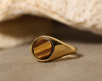 Anillo de sello redondo para hombre con ojo de tigre en oro de 14 quilates, anillo de piedra marrón plateada para novio, anillo de boda, joyería única para él, regalo de mejor amigo