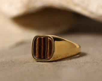 Cojín Tigers Eye Anillo de oro para hombre, Anillo de sello de plata 925, Anillo de piedra preciosa delicada, Joyería minimalista para hombres, Anillo de promesa, Regalo de novio