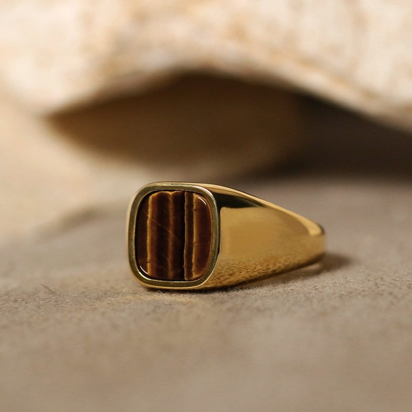 Kussen Tigers Eye Mens Gold Ring, 925 Silver Signet Ring, Sierlijke Edelsteen Ring, Minimalistische sieraden voor mannen, Promise Ring, Vriendje Cadeau