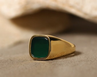 Anello in agata verde cuscino per uomo, anello in pietra d'oro 14K 18K per fidanzato, anello in argento da uomo, anello con sigillo in pietra preziosa, gioielli delicati, regalo unico