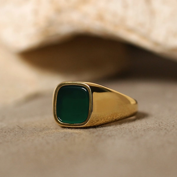 Anillo de ágata verde cojín para hombres, anillo de piedra de oro de 14K 18K para novio, anillo de plata para hombres, anillo de sello de piedras preciosas, joyería delicada, regalo único