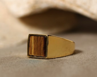 Tigers Eye Square Signet Ring Men in 10K 14K Gold, Unique Promise Ring For Him, Natural Gemstone Ring, Dainty Jewelry For Men, Husband Gift