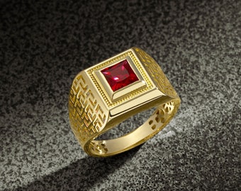 Greek Red Ruby Mens Signet Ring, Mens Emerald Ring, 10k 14k 18k Gold Sapphire Chunky Ring, Vintage Gold Rings For Men, Luxury Christmas Gift