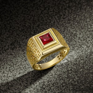 Greek Red Ruby Mens Signet Ring, Mens Emerald Ring, 10k 14k 18k Gold Sapphire Chunky Ring, Vintage Gold Rings For Men, Luxury Christmas Gift