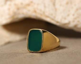 Cushion Baguette Green Agate Ring, Gemstone Signet Ring for Men in Solid Gold and 925 Silver, Statement Ring, Unique Men Jewelry, Dad Gifts
